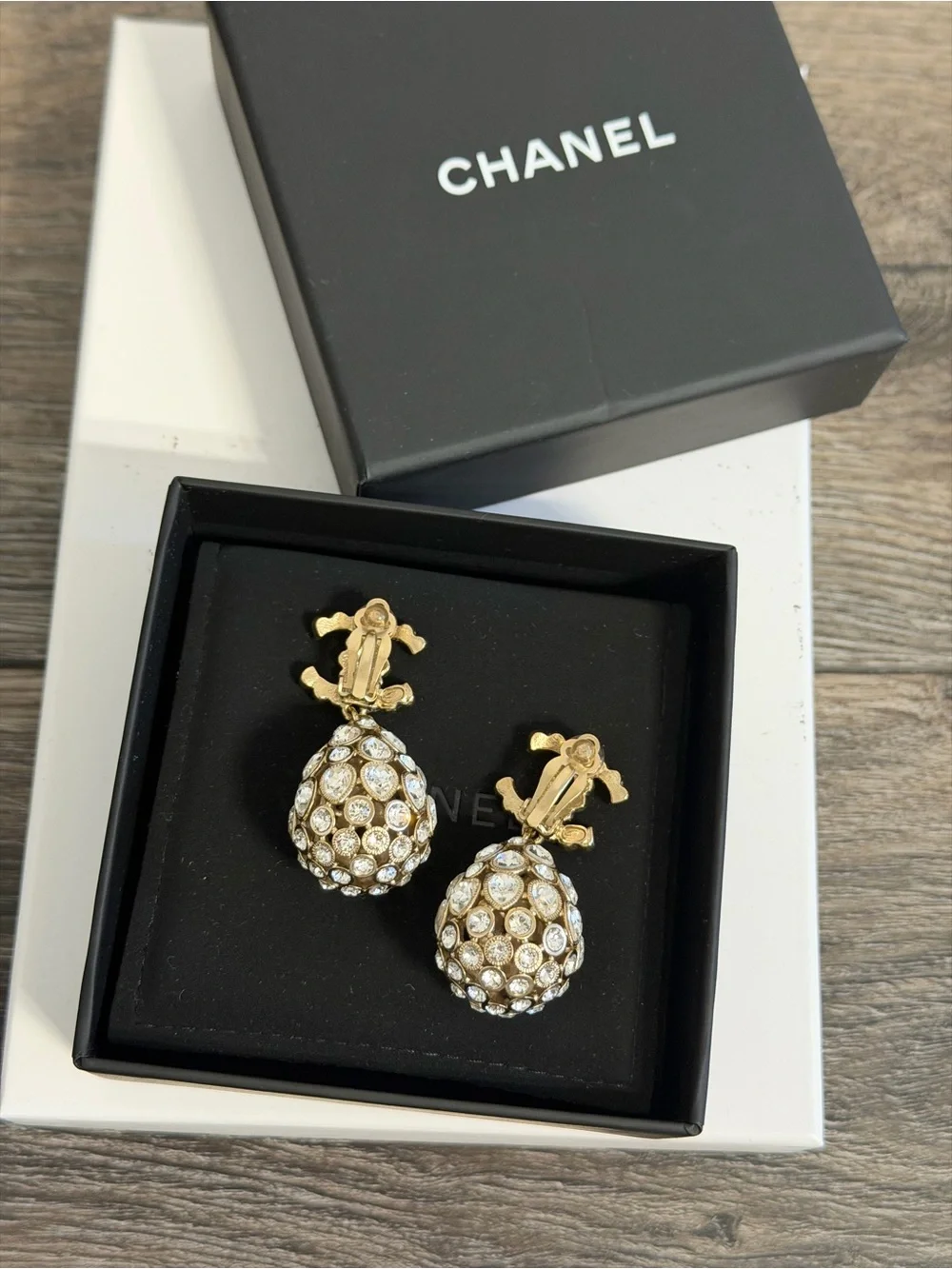 CHANEL Gold and Silver Crystal CC Teardrop Clip On Dangle Earrings